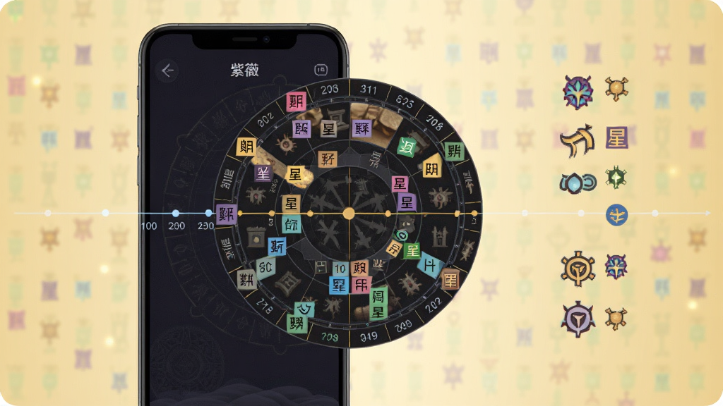 一幅展示紫薇斗数排盘大限流年功能的示意图,画面中手机屏幕显示着时间轴与命盘叠加的效果,不同年份的宫位用不同颜色高亮标注,旁边有流年星曜的图标,背景为淡金色渐变,风格为数据可视化风格,画质清晰,布局有条理,干净无杂乱元素