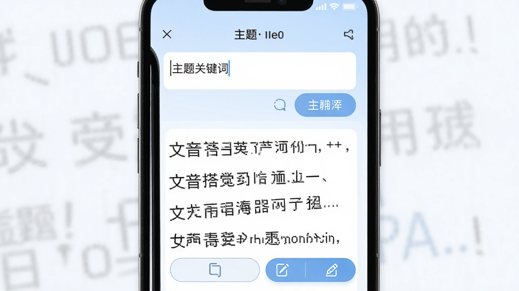 文音搭子智能文本生成功能界面,手机屏幕显示输入框内写着主题关键词,下方生成多段文字结果,排版整齐,界面风格清新简约,浅蓝色调,包含复制与编辑按钮,高清画质,干净无杂乱元素