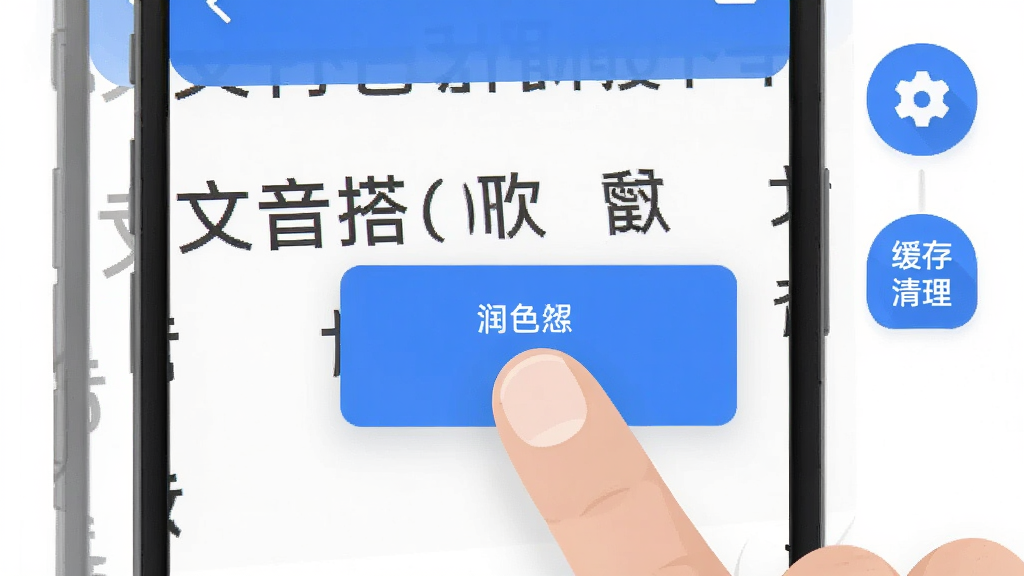 文音搭子手机端操作示意图,展示手指长按文本弹出润色菜单,屏幕旁边有设置齿轮图标与缓存清理按钮,界面布局清晰,风格扁平化,蓝白配色,高清画质,干净无多余元素