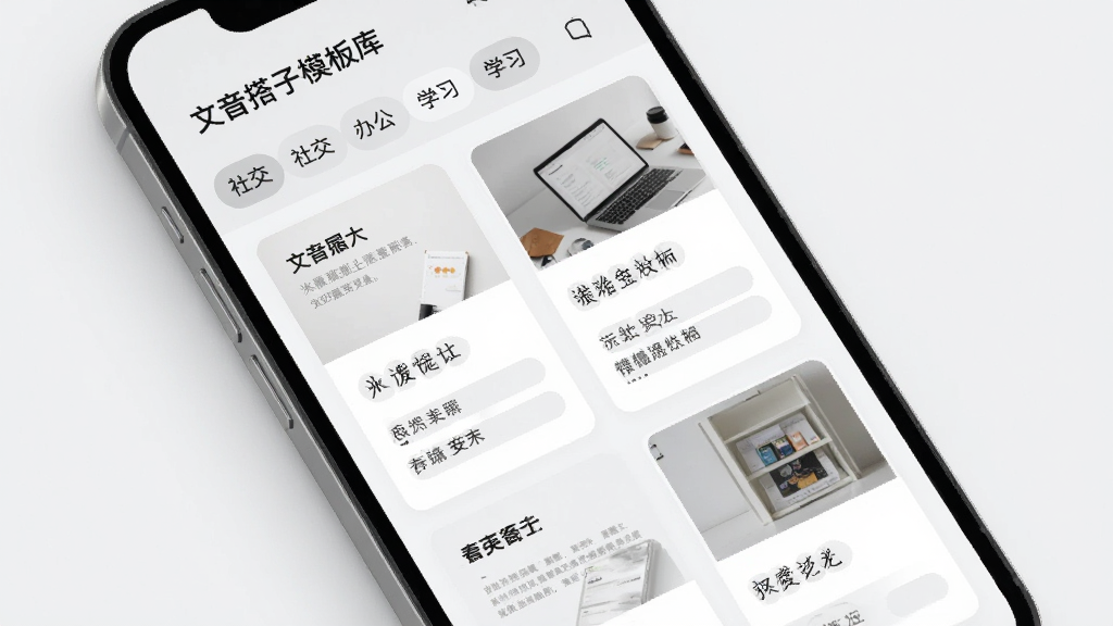 文音搭子模板库界面,手机屏幕展示分类标签如社交、办公、学习,下方排列多个模板卡片,每张卡片有标题与预览文字,布局采用网格排列,风格清爽素雅,浅灰与白色搭配,高清画质,画面整洁