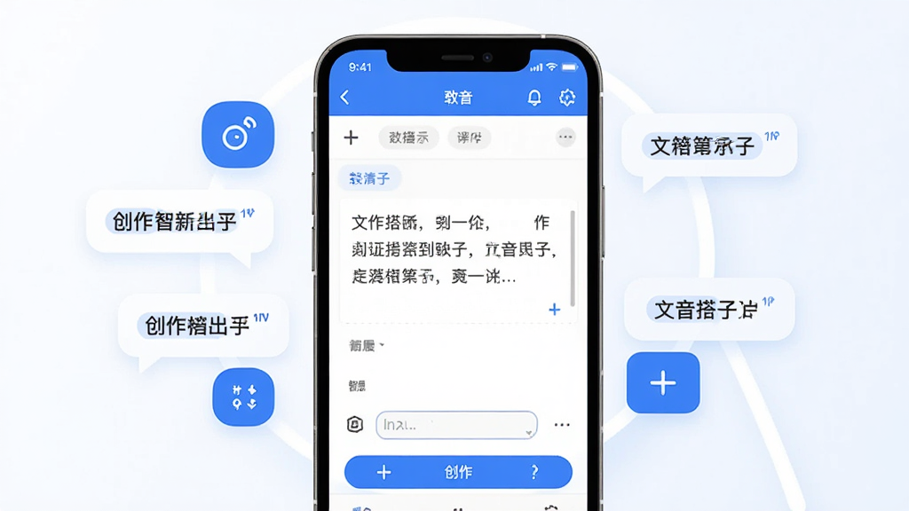 文音搭子软件主界面展示,手机屏幕中央显示文本编辑区域,周围环绕智能图标与文字气泡,布局简洁清晰,采用扁平化设计风格,蓝白配色,细节包含输入框、功能按钮、创作灵感标签,画面干净明亮,高清画质,无多余元素