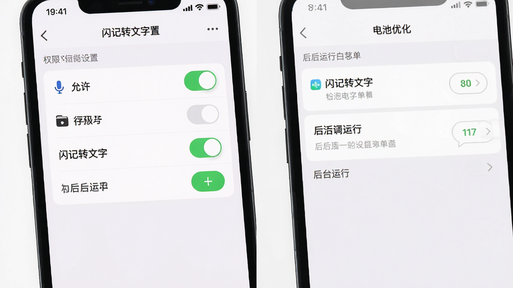 画面主体为手机屏幕展示闪记转文字的权限设置页面与后台运行白名单界面,布局为左右分屏,左侧为权限开关列表,右侧为电池优化选项,排版清晰,风格为素雅极简浅色,细节包括麦克风图标、存储图标、允许按钮、后台运行标签,画质高清干净无多余元素,画面中带有“闪记转文字”文字标识