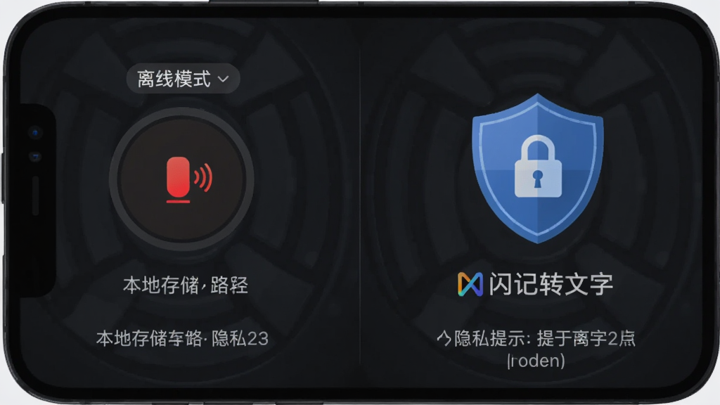 画面主体为手机屏幕显示离线模式开关与盾牌安全图标,布局为左右分栏,左侧为录音按钮,右侧为盾牌与锁形标识,排版对称,风格为深色安全科技风,细节包括离线标签、本地存储路径、隐私提示文字,画质高清干净无多余元素,画面中带有“闪记转文字”文字标识