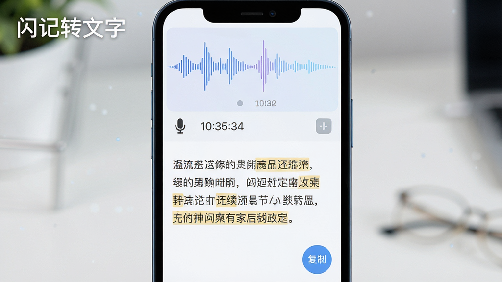 画面主体为手机屏幕中央的实时转写界面,布局采用上下结构,上方显示录音波形,下方显示连续文字段落,排版整齐,风格为清爽浅色科技风,细节包括麦克风图标、时间戳、高亮文字、复制按钮,画质高清干净无多余元素,画面中带有“闪记转文字”文字标识