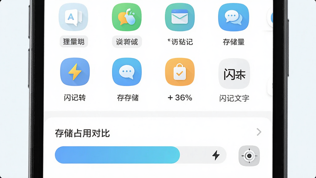画面主体为手机屏幕展示应用主界面与存储占用对比图,布局为上下结构,上方为功能图标网格,下方为存储条,排版简洁,风格为清新浅色扁平化,细节包括轻量标签、闪电图标、存储百分比、设置按钮,画质高清干净无多余元素,画面中带有“闪记转文字”文字标识