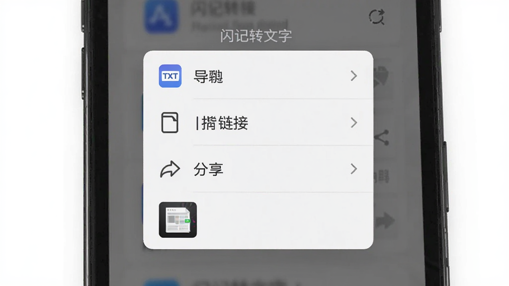画面主体为手机屏幕中的导出菜单与分享面板,布局为居中弹出式面板,排版为列表式选项,风格为简约商务浅灰质感,细节包括TXT图标、复制链接、分享箭头、文件预览缩略图,画质高清干净无多余元素,画面中带有“闪记转文字”文字标识