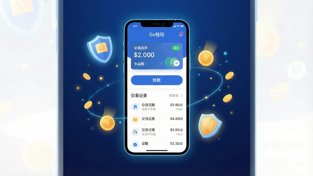 一张展示Go钱包核心全貌的宣传图,主体是一部智能手机屏幕显示Go钱包主界面,界面中包含余额卡片、转账按钮和交易记录列表;布局采用居中构图,手机悬浮在画面中央,周围环绕发光的盾牌和金币粒子元素;排版简洁现代,风格为科技感扁平化设计,细节上手机边缘有轻微光晕,界面文字清晰显示