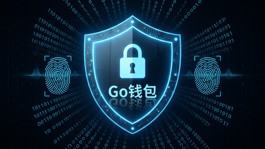 一张展示Go钱包安全防护功能的AI生图,主体是一个发光的数字盾牌中心带有锁形图标,盾牌表面反射出