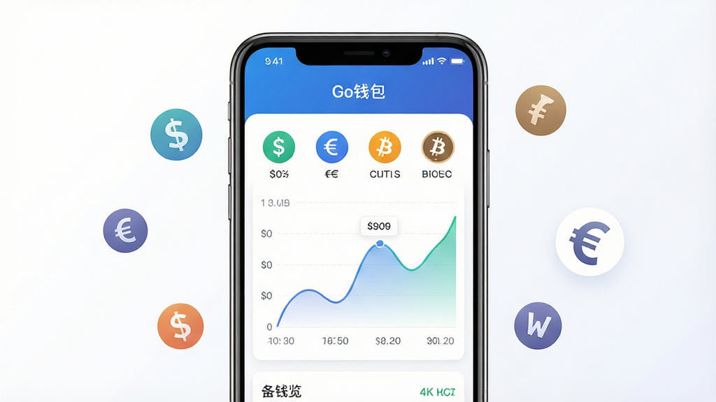 一张展示Go钱包多币种管理界面的AI生图,主体是手机屏幕显示资产总览图表,包含美元、欧元、比特币等图标和折线图;布局为手机居中,周围漂浮不同货币符号;排版清晰有序;风格为简约商务风,细节上图表有渐变填充,界面顶部显示