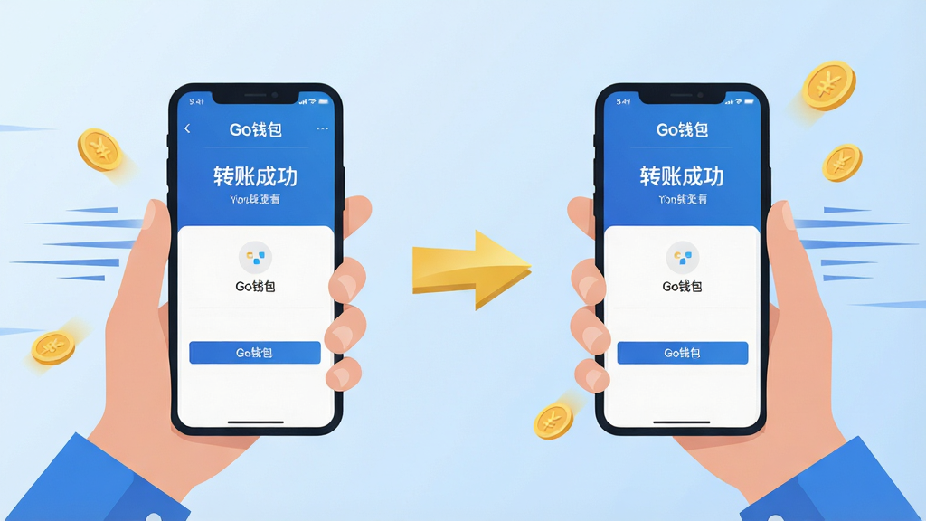 一张展示Go钱包转账交互的AI生图,主体是两只手分别持手机,手机屏幕显示Go钱包转账成功界面,带有