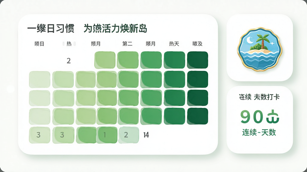 画面中“活力焕新岛”的习惯日历热力图占据中心,格子由浅绿到深绿渐变,旁边有岛屿徽章和连续打卡天数数字,布局为左右结构,风格为清新简约,细节包括圆角卡片和柔和投影,画质高清,干净,无多余元素