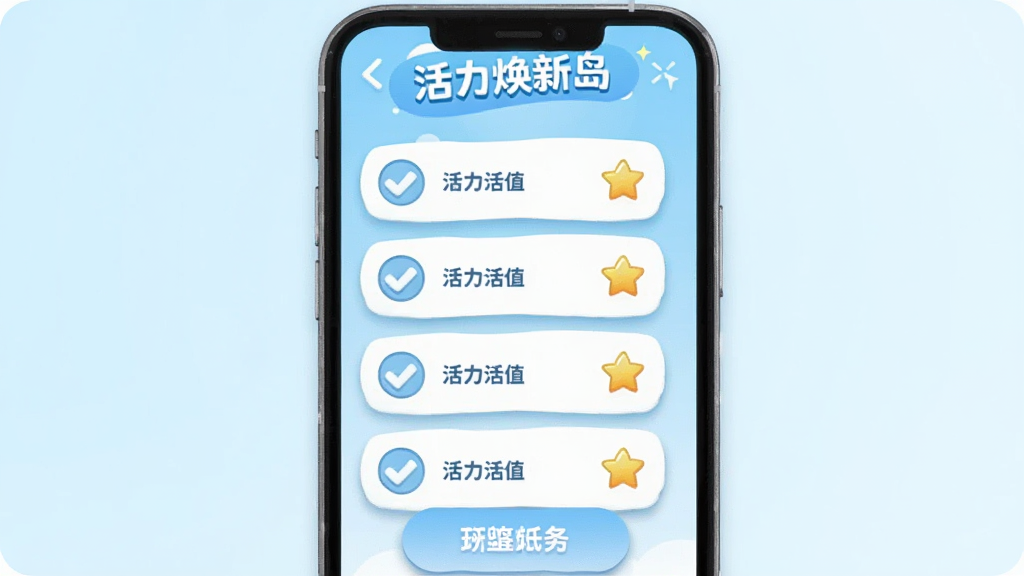 手机屏幕中展示“活力焕新岛”的每日任务列表,每项任务前有圆形勾选框,旁边有活力值小星星图标,背景为浅蓝色渐变,主体位于画面中央,排版为纵向列表,风格为卡通扁平,细节有柔光阴影和圆角按钮,画质清晰,干净,无多余元素