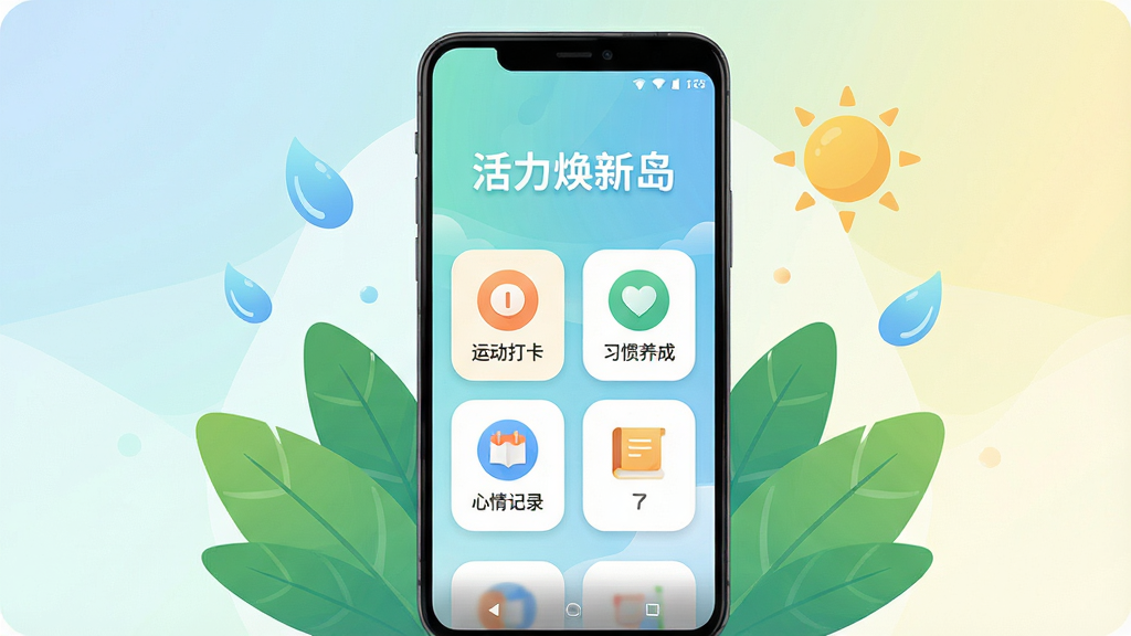 画面中央放置一部安卓手机,屏幕显示“活力焕新岛”的清新主页,主页上有运动打卡、习惯养成、心情记录等图标,四周环绕绿叶、水滴、太阳等活力元素,整体布局居中对称,排版干净,风格为现代扁平插画,细节包括柔和的渐变背景与圆角卡片,画质高清,干净,无多余元素