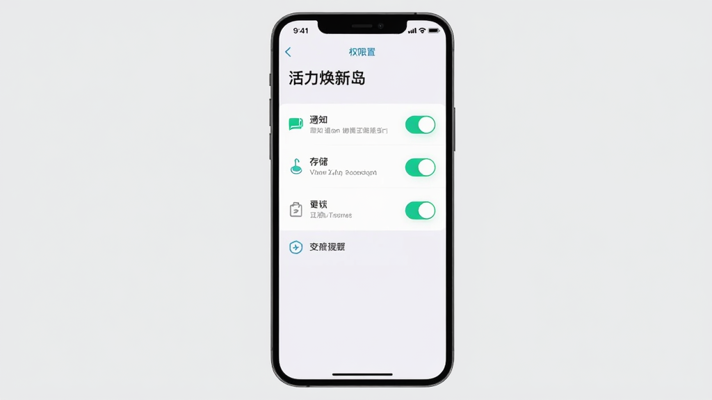 手机屏幕展示“活力焕新岛”的权限设置界面,有通知、存储等开关按钮,背景为浅灰色,主体居中,排版为纵向列表,风格为极简扁平,细节有开关高亮和图标,画质清晰,干净,无多余元素