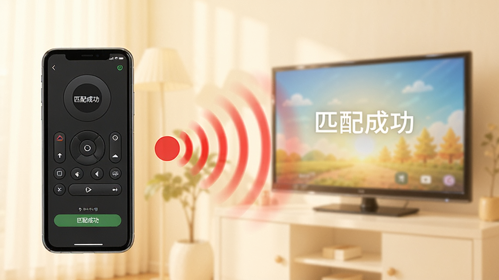 遥控器万能通免费的智能匹配功能界面图,画面展示一部手机正在发射红外信号,信号以波纹形式扩散至前方的电视,电视屏幕亮起,手机屏幕上显示“匹配成功”的提示,整体风格简洁直观,色调温暖,画质清晰,干净无多余元素