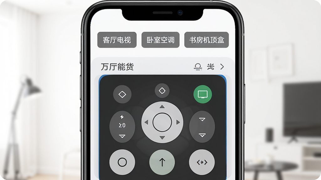 遥控器万能通免费的多设备管理界面图,手机屏幕上方显示着“客厅电视”、“卧室空调”、“书房机顶盒”等标签,下方是当前选中设备的遥控面板,界面布局清晰,风格简约商务,画质清晰,干净无多余元素