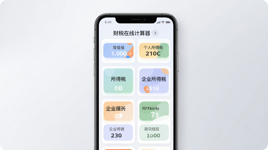 财税在线计算器多税种计算功能展示图,画面中手机屏幕显示多个税种选项卡,包括增值税、个人所得税、企业所得税等按钮,界面以卡片式布局排列,配色柔和清新,背景为浅灰色渐变,突出功能丰富与操作便捷,画质清晰干净