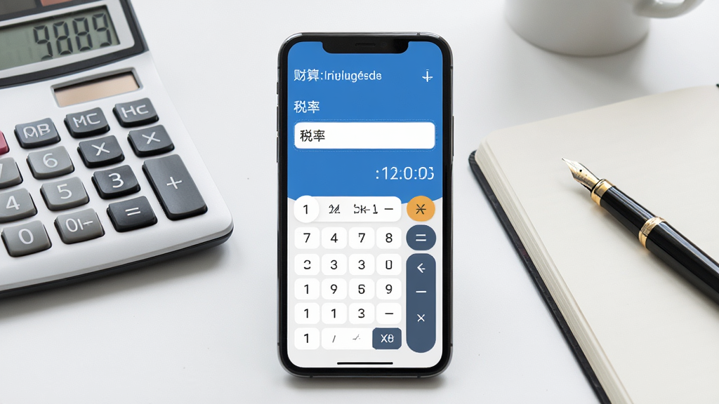财税在线计算器软件主界面全貌展示,画面中央放置一部智能手机,屏幕显示蓝色与白色为主色调的计算器界面,包含税率输入框与结果展示区域,背景为整洁的办公桌面,有计算器、笔记本和钢笔作为点缀,整体风格简约商务,画质清晰,干净无多余元素