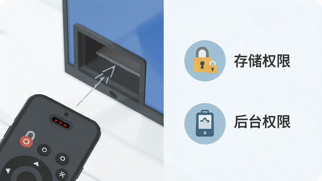 遥控器万能通免费新手操作示意图,画面左侧展示一部手机顶部红外发射口对准电视接收窗的特写,右侧用简洁的图标列出“存储权限”、“后台权限”的开启步骤,风格为扁平化信息图,细节清晰,画质干净,无杂乱背景