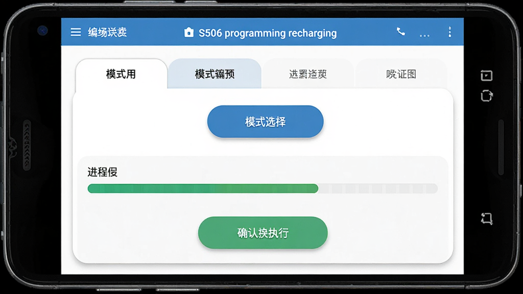 主体是一台安卓手机,手机屏幕上显示S506 programming recharging软件的编程配置界面,界面中有模式选择按钮、进度条和确认执行按钮。布局采用上下结构,上方为模式选项卡,下方为进度显示区域。排版简洁明了。风格为现代移动应用UI风格,细节包括圆角按钮和柔和的阴影效果。画质高清,画面干净,无多余元素。