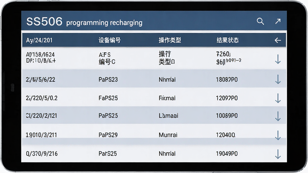 主体是一个安卓平板,平板上显示S506 programming recharging软件的数据记录列表界面,列表中有日期、设备编号、操作类型和结果状态。布局采用表格形式,表头清晰。排版整齐。风格为商务数据管理界面风格,细节包括交替行背景色和排序箭头图标。画质高清,画面干净,无多余元素。