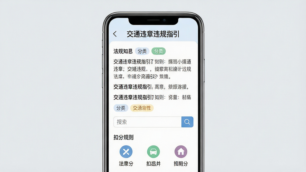 主体为手机屏幕展示交通违章违规指引的法规知识页面,布局为屏幕居中,背景为浅灰色,风格为清新阅读风,细节包括法规条目、分类标签、搜索框、扣分规则图标,画面中文字“交通违章违规指引”显示在标题栏,画质为高清,干净整洁,无多余元素