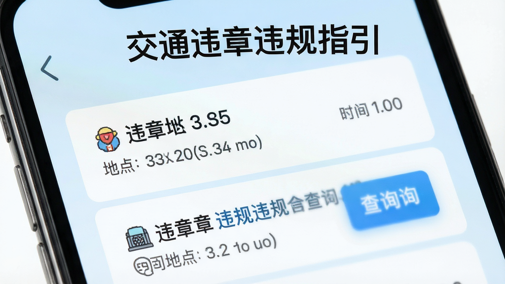 主体为手机屏幕特写,屏幕上显示交通违章违规指引的违章查询结果页面,布局为屏幕居中,背景为淡蓝色渐变,风格为简约扁平化,细节包括违章条目列表、时间地点标注、查询按钮高亮,画面中文字“交通违章违规指引”显示在顶部,画质为高清,干净整洁,无多余元素