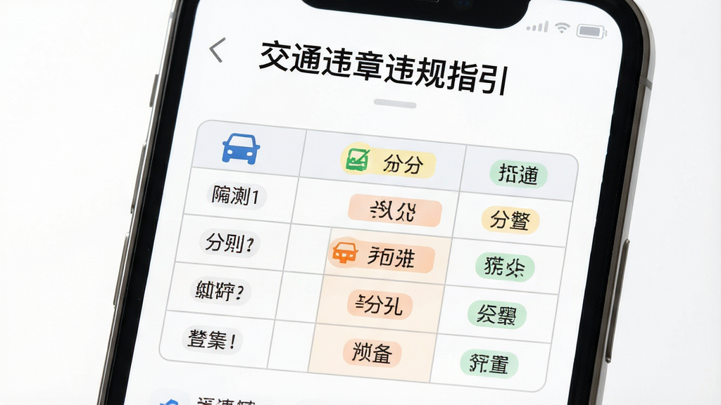 主体为手机屏幕展示交通违章违规指引的扣分规则速查表页面,布局为屏幕居中,背景为白色,风格为商务简洁风,细节包括表格线条清晰、分值颜色区分、图标点缀,画面中文字“交通违章违规指引”显示在顶部,画质为高清,干净整洁,无多余元素