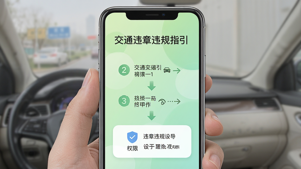 主体为手机屏幕展示交通违章违规指引的新手引导页面,布局为屏幕居中,背景为浅绿色渐变,风格为清新友好风,细节包括步骤提示、箭头指引、权限设置图标,画面中文字“交通违章违规指引”显示在顶部,画质为高清,干净整洁,无多余元素