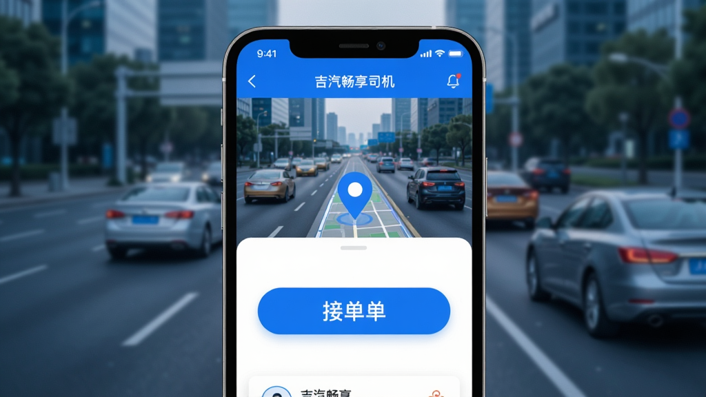 一张展示智能手机屏幕的图片,屏幕中显示吉汽畅享司机端的主界面,界面中央有醒目的接单按钮和地图定位标识,背景为城市道路和行驶中的汽车,整体风格为现代科技感,色彩以蓝色和白色为主,画面干净整洁,高清画质,无多余元素