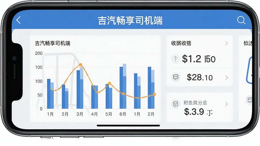 一张展示吉汽畅享司机端收入统计页面的手机截图风格图片,页面中有柱状图和数字金额,背景为浅灰色,画面中有“吉汽畅享司机端”文字标识,风格简洁商务,高清画质,干净无杂乱元素
