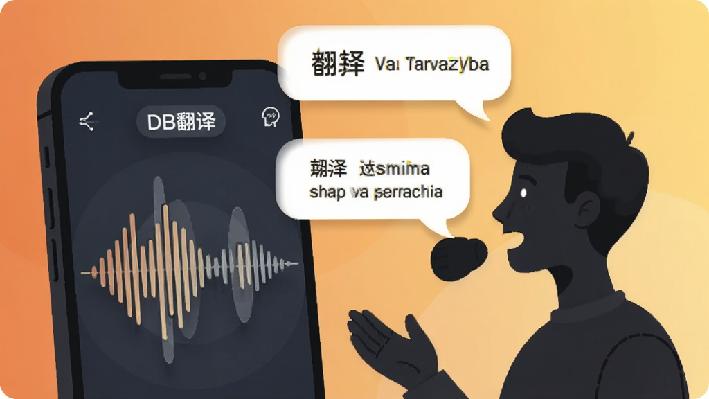 画面展示一部手机正在播放语音翻译场景,手机屏幕显示声波波形与“DB翻译”标识,手机旁边有一个人物剪影正在说话,对话气泡中同时出现中文与英文文字,背景为暖橙色到浅黄色的渐变,风格为扁平化人物插画,细节包括声波层次、气泡圆角与柔和投影,画质清晰,干净,无多余元素
