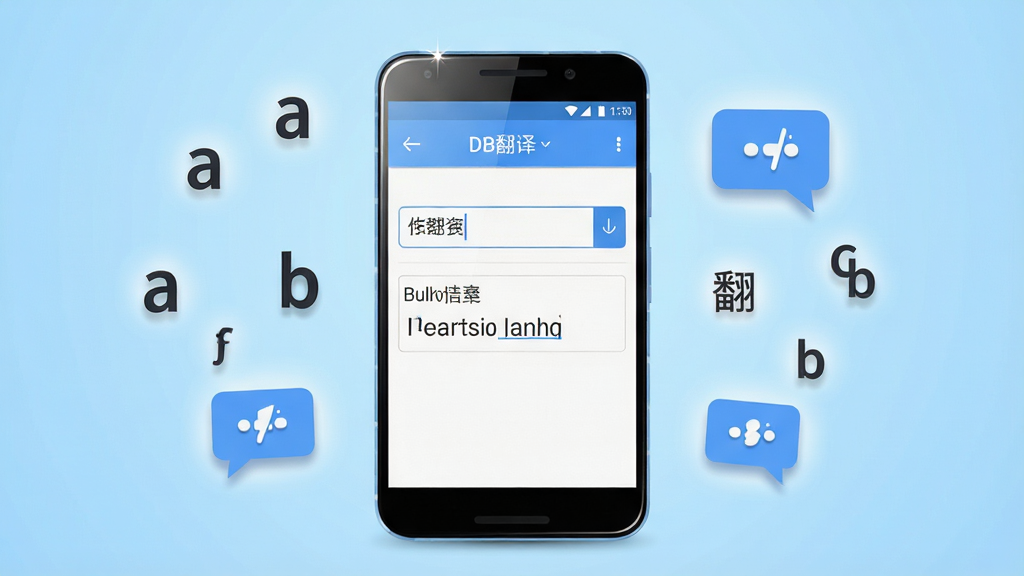 画面中央放置一部安卓手机,手机屏幕显示“DB翻译”应用主界面,界面中包含中文输入框与英文译文输出区域,手机周围环绕漂浮的英文字母、汉字与对话气泡图标,背景为浅蓝色渐变,布局简洁对称,风格为扁平化科技插画,细节包括手机边框高光、图标阴影与柔和光晕,画质清晰,干净,无多余元素