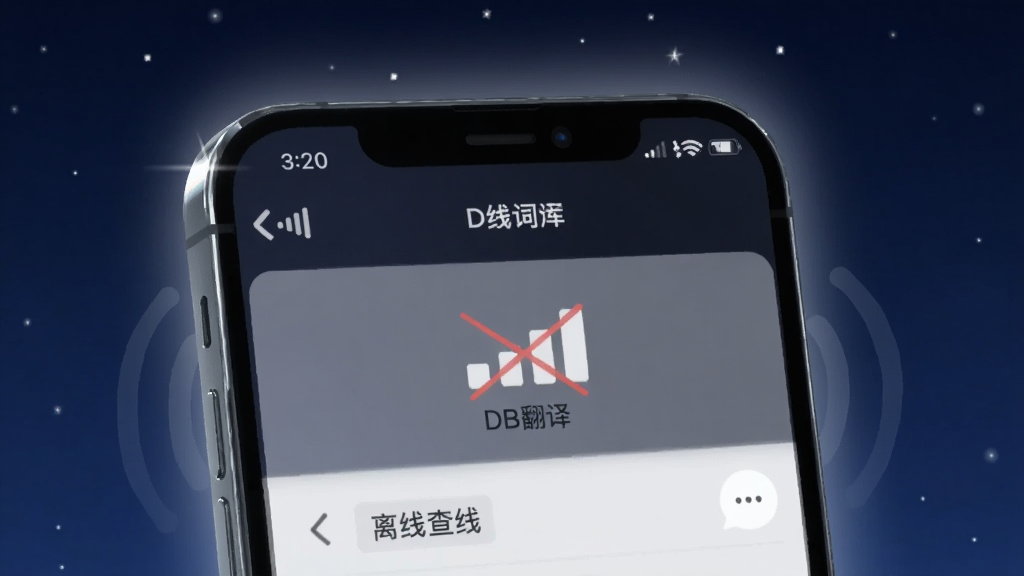 画面展示一部手机在无网络信号图标状态下打开“DB翻译”应用,屏幕显示离线词库查询界面,背景为深蓝色夜空与微弱信号波纹,手机屏幕发出柔和的白色光晕,风格为暗色科技插画,细节包括信号格打叉图标、离线标签与手机边缘高光,画质清晰,干净,无多余元素