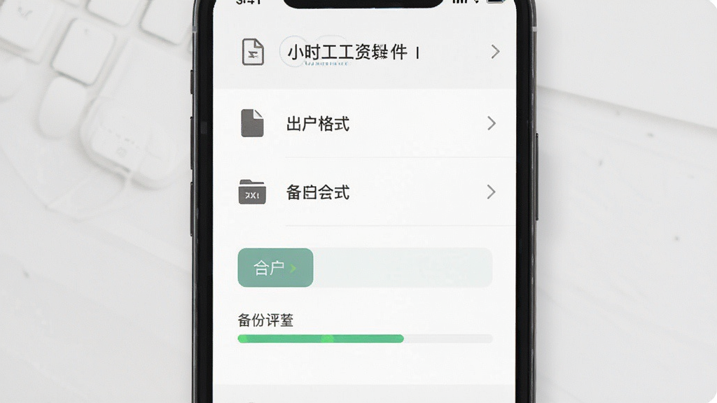 一张展示小时工工资记录软件数据导出功能的图片,主体是手机屏幕,屏幕上显示导出格式选项和备份进度条,布局为列表式,排版简洁,风格为素雅极简风,细节包括文件图标、导出按钮、进度指示,画质高清干净,无多余元素