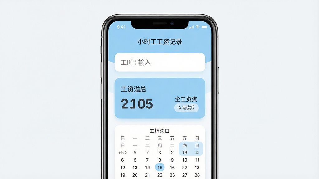 一张展示手机应用界面的图片,主体是一部竖屏智能手机,屏幕上显示小时工工资记录软件的首页界面,包含工时输入框、工资汇总卡片和日历视图,布局居中,排版简洁,风格为现代扁平化UI设计,细节包括浅蓝色主色调、圆角卡片、数字清晰可见,画质高清干净,无多余元素