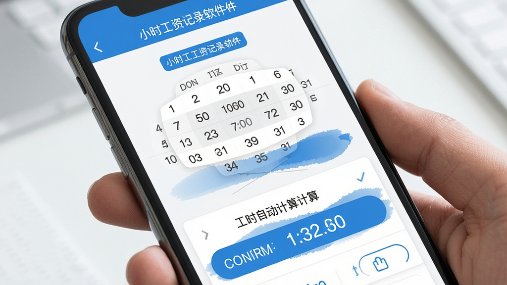 一张展示小时工工资记录软件工时登记功能的图片,主体是手机屏幕特写,屏幕上显示时间选择器和工时自动计算结果,布局为上下结构,排版清晰,风格为简约商务风,细节包括蓝色确认按钮、日期标签、工时数字高亮,画质高清干净,无多余元素