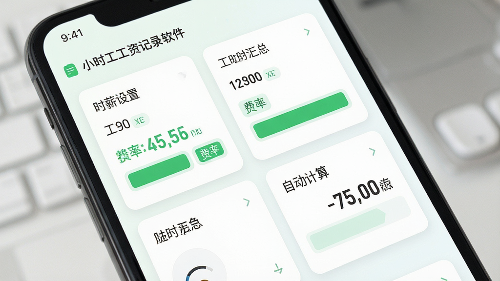 一张展示小时工工资记录软件工资核算界面的图片,主体是手机屏幕,屏幕上显示时薪设置、工时汇总和自动计算出的工资总额,布局为卡片式排列,排版整齐,风格为清新浅色系,细节包括绿色收入数字、费率标签、汇总条,画质高清干净,无多余元素