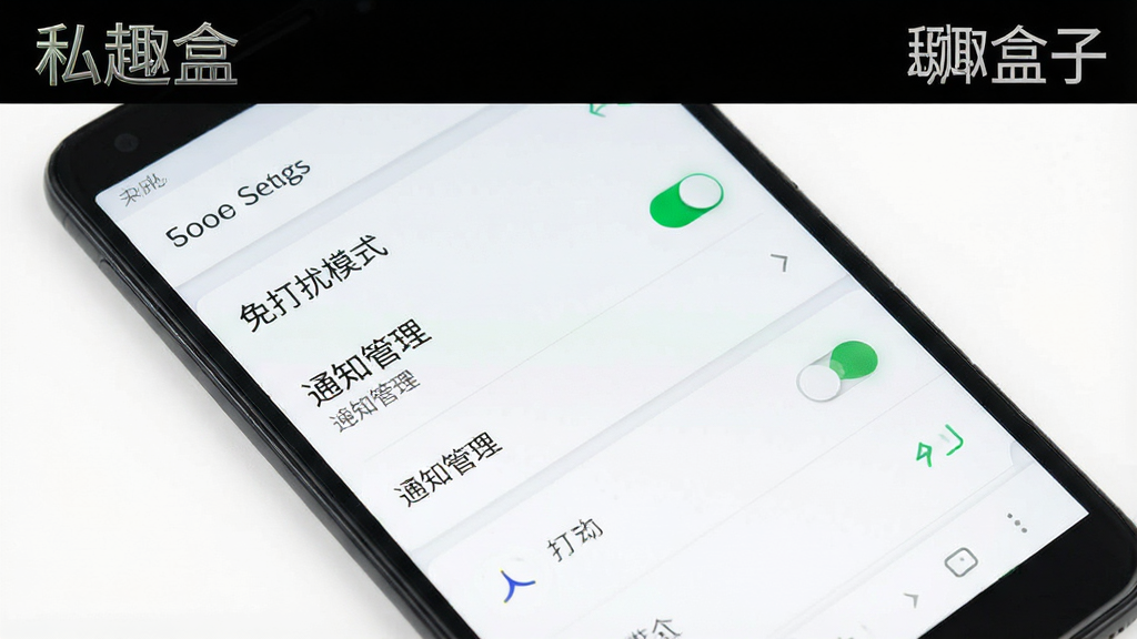 一张表现私趣盒子纯净无广告体验的图片,主体为一部安卓手机,屏幕中显示应用设置页面,有免打扰模式开关和通知管理选项,布局为分组列表,排版简洁,风格为清新极简,细节上开关按钮为绿色高亮,背景为白色,画质高清,干净,无多余元素,画面中可包含文字“私趣盒子”。