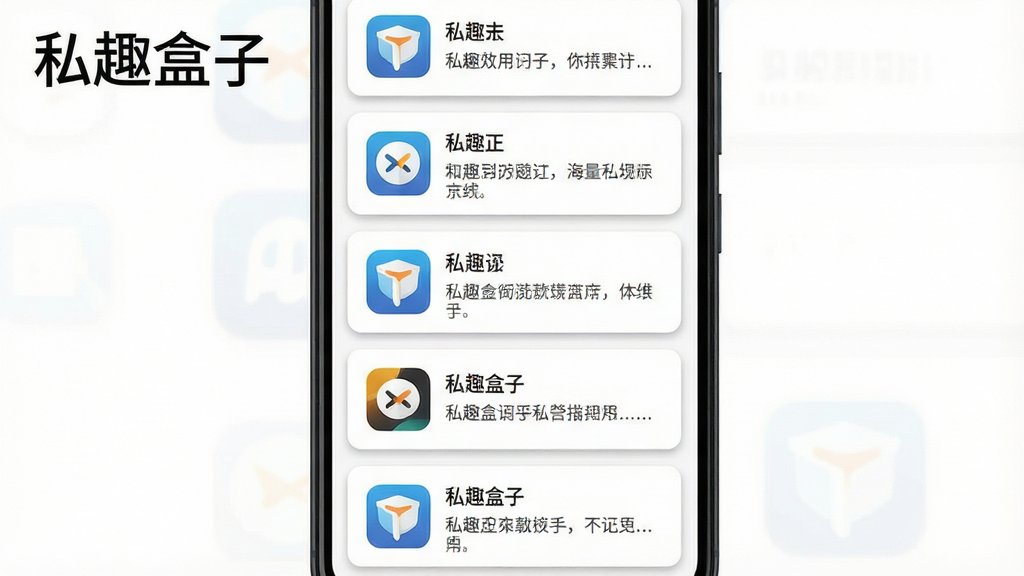 一张表现私趣盒子海量应用聚合功能的图片,主体为一部安卓手机,屏幕中显示应用列表页面,多个应用图标以卡片形式纵向排列,每个卡片包含图标、名称和简短介绍,布局为上下滚动式,排版整齐,风格为扁平化设计,细节上卡片带有轻微阴影,背景为纯白,画质高清,干净,无多余元素,画面中可包含文字“私趣盒子”。