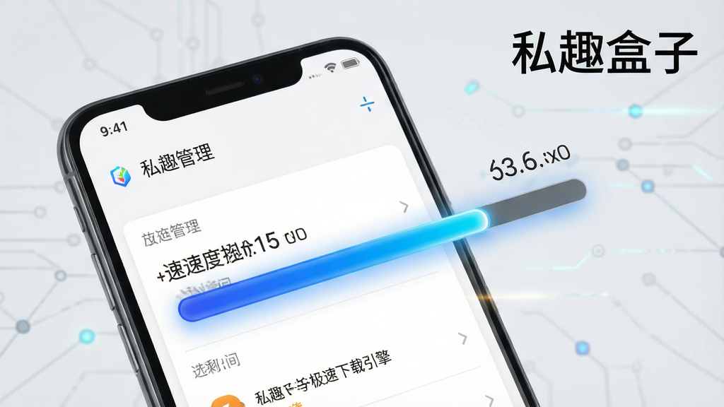 一张展示私趣盒子极速下载引擎的图片,主体为一部安卓手机,屏幕中显示下载管理界面,进度条正在快速推进,旁边有速度数值和剩余时间,布局为简洁的列表式,排版清晰,风格为科技感浅色系,细节上进度条带有蓝色渐变光效,背景为浅灰,画质高清,干净,无多余元素,画面中可包含文字“私趣盒子”。