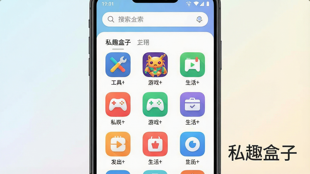 一张展示私趣盒子手机应用界面的预览图,主体为一部竖屏安卓手机,屏幕中显示私趣盒子的首页,顶部有搜索框,中间为网格状应用图标排列,包含工具、游戏、生活等分类标签,布局清晰整齐,整体排版采用现代简约风格,细节上图标色彩丰富但不刺眼,背景为浅色渐变,画质高清,干净,无多余元素,画面中可包含文字“私趣盒子”。
