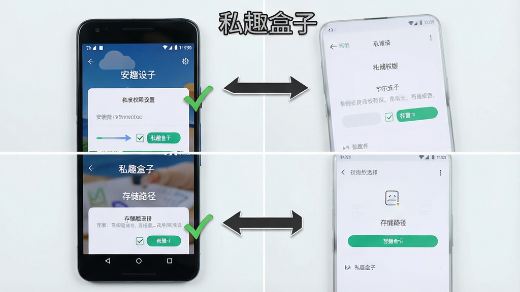 一张展示私趣盒子新手安装操作步骤的图片,主体为一部安卓手机,屏幕中显示安装权限设置界面与存储路径选择页面,布局为上下分屏对比,排版直观,风格为教程图解式,细节上带有箭头指引和勾选标记,背景为浅色,画质高清,干净,无多余元素,画面中可包含文字“私趣盒子”。