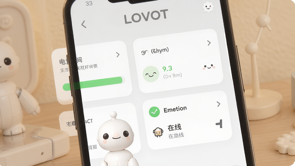 一张展示LOVOT应用实时状态同步功能的图片。主体是手机屏幕显示LOVOT机器人的电量、情绪状态和在线信息卡片。布局为卡片式信息展示,排版整齐。风格温馨科技,细节包括绿色电量条、表情图标和柔和背景。画质高清,干净,无多余元素。