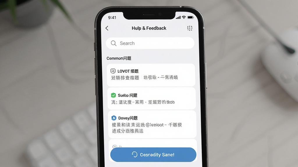 一张展示LOVOT应用故障排查流程的图片。主体是手机屏幕显示帮助与反馈页面,布局为列表式问题分类,排版清晰。风格简洁专业,细节包括搜索框、常见问题条目和在线客服按钮。画质高清,干净,无多余元素。