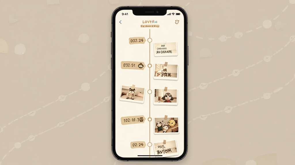 一张展示LOVOT应用成长记录功能的图片。主体是手机屏幕显示时间轴形式的互动记录和照片墙。布局为竖向时间轴,排版美观。风格温馨怀旧,细节包括日期标签、小图标和照片缩略图。画质高清,干净,无多余元素。