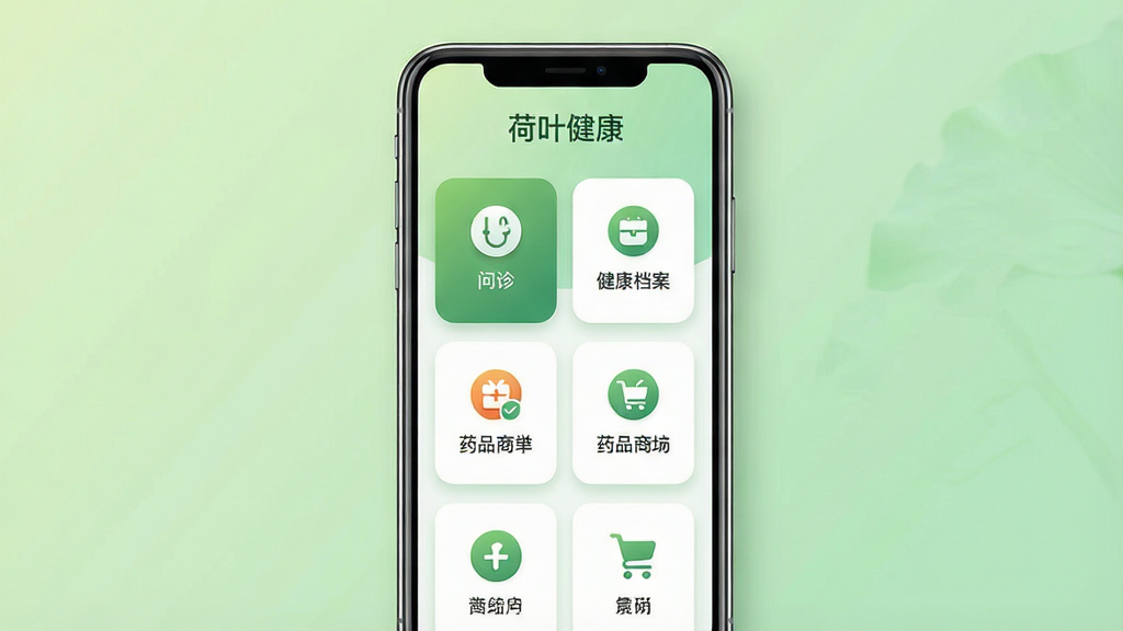 一张手机屏幕展示荷叶健康应用主界面的场景图,画面中央是一部竖屏智能手机,屏幕内显示健康服务应用首页,顶部有