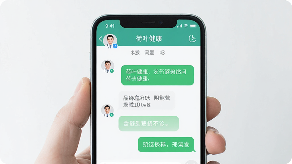 一部手机屏幕展示在线问诊聊天界面,画面中手机居中放置,屏幕内显示医生头像、对话气泡和