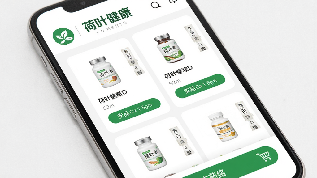 手机屏幕展示药品商城购物页面,画面中一部手机竖屏显示,屏幕内有