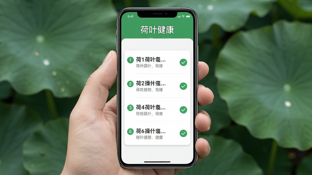 一部手机展示荷叶健康应用的使用指南页面,画面中手机竖屏放置,屏幕内显示